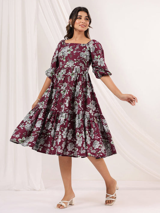 Janasya Dark Cotton Floral Tiered Dress | Swadesiicart