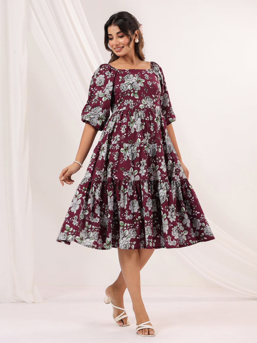 Janasya Dark Cotton Floral Tiered Dress | Swadesiicart