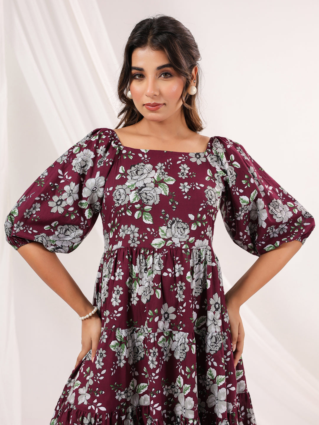 Janasya Dark Cotton Floral Tiered Dress | Swadesiicart
