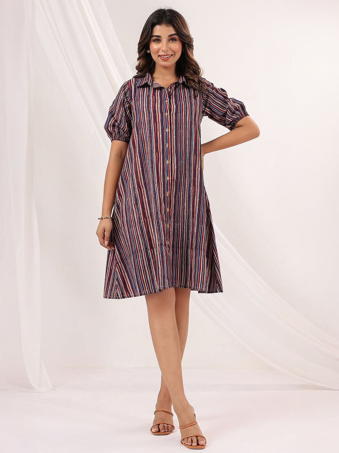 Janasya Dark Cotton Striped A-Line Dress | Swadesiicart