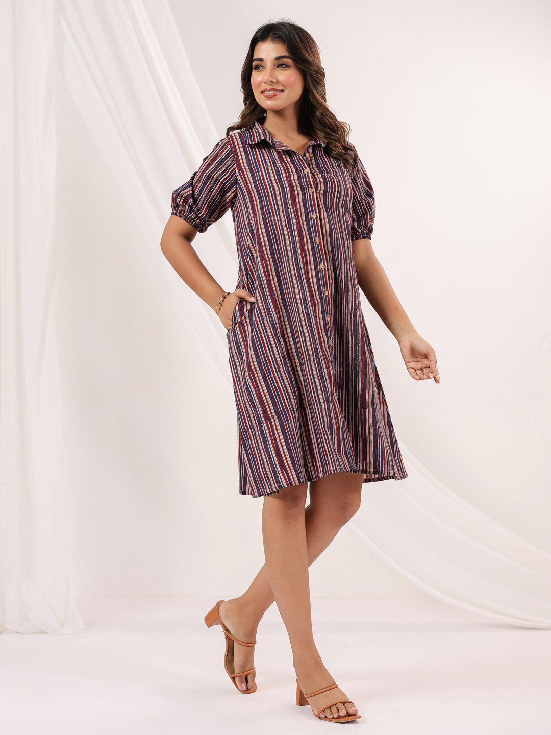 Janasya Dark Cotton Striped A-Line Dress | Swadesiicart