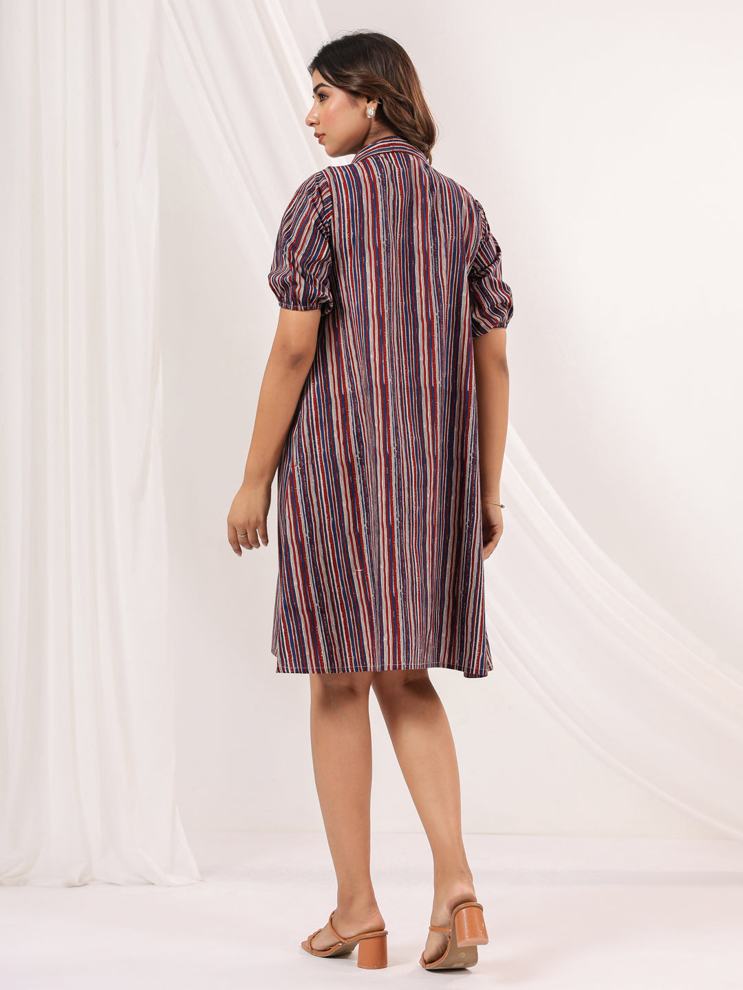 Janasya Dark Cotton Striped A-Line Dress | Swadesiicart
