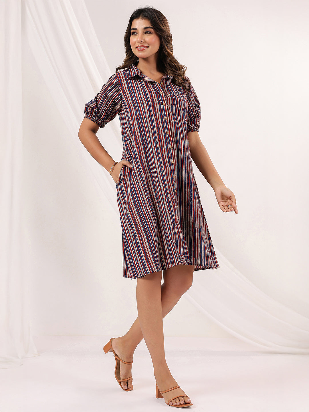 Janasya Dark Cotton Striped A-Line Dress | Swadesiicart