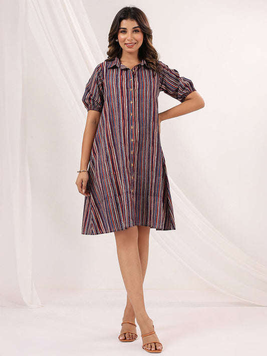 Janasya Dark Cotton Striped A-Line Dress | Swadesiicart