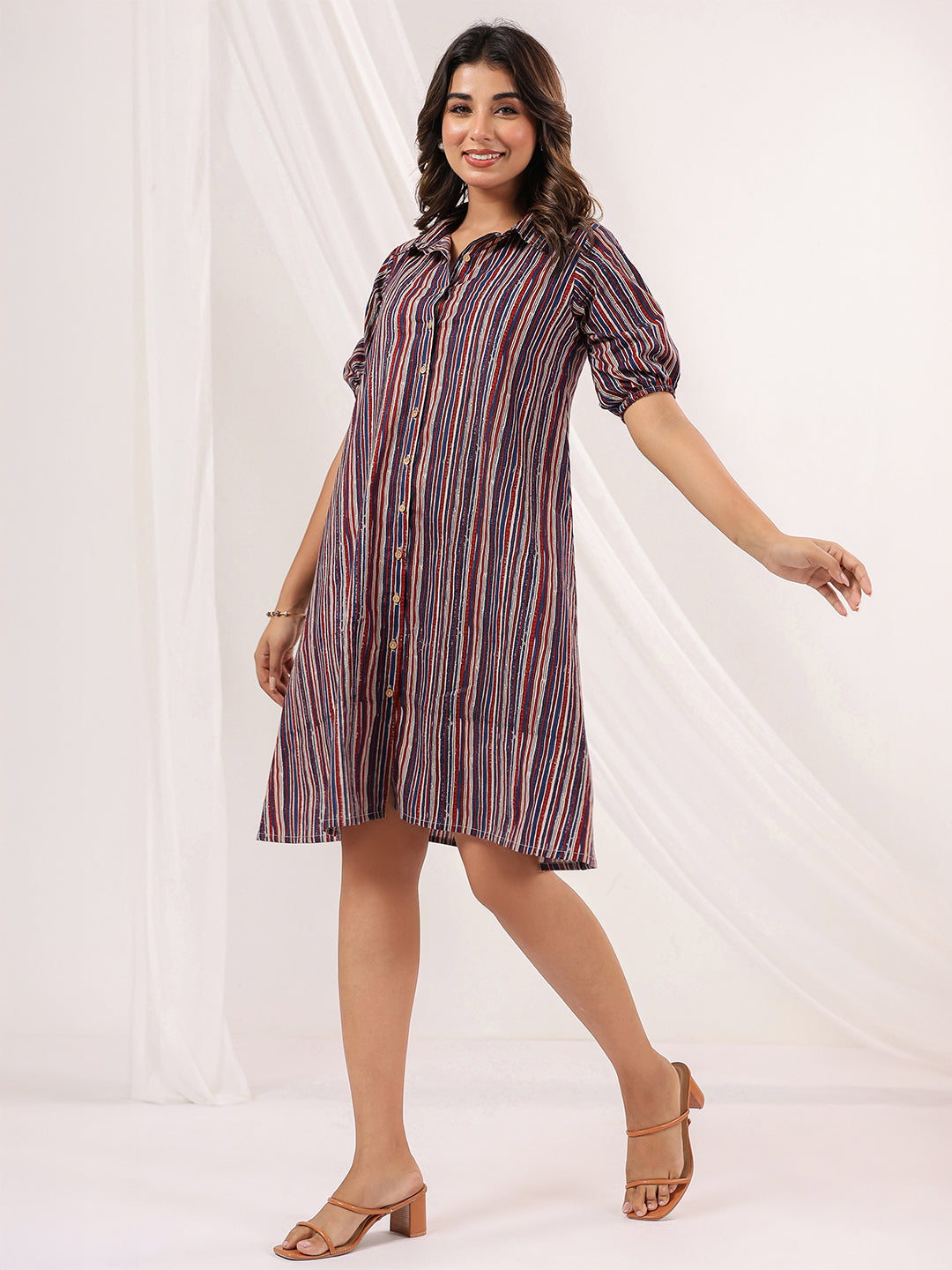 Janasya Dark Cotton Striped A-Line Dress | Swadesiicart