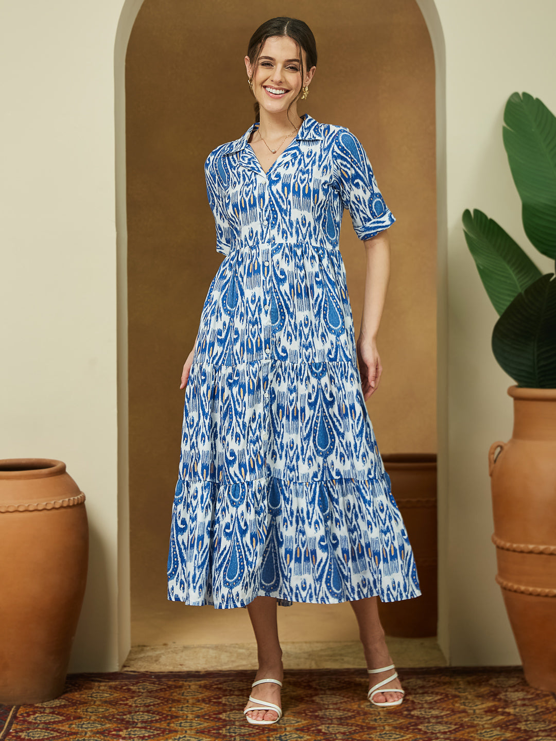 Janasya Bright Flex Ikkat Tiered Dress | Swadesiicart