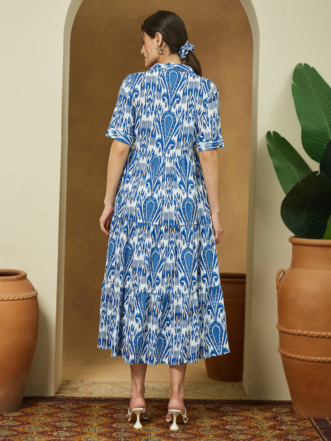 Janasya Bright Flex Ikkat Tiered Dress | Swadesiicart