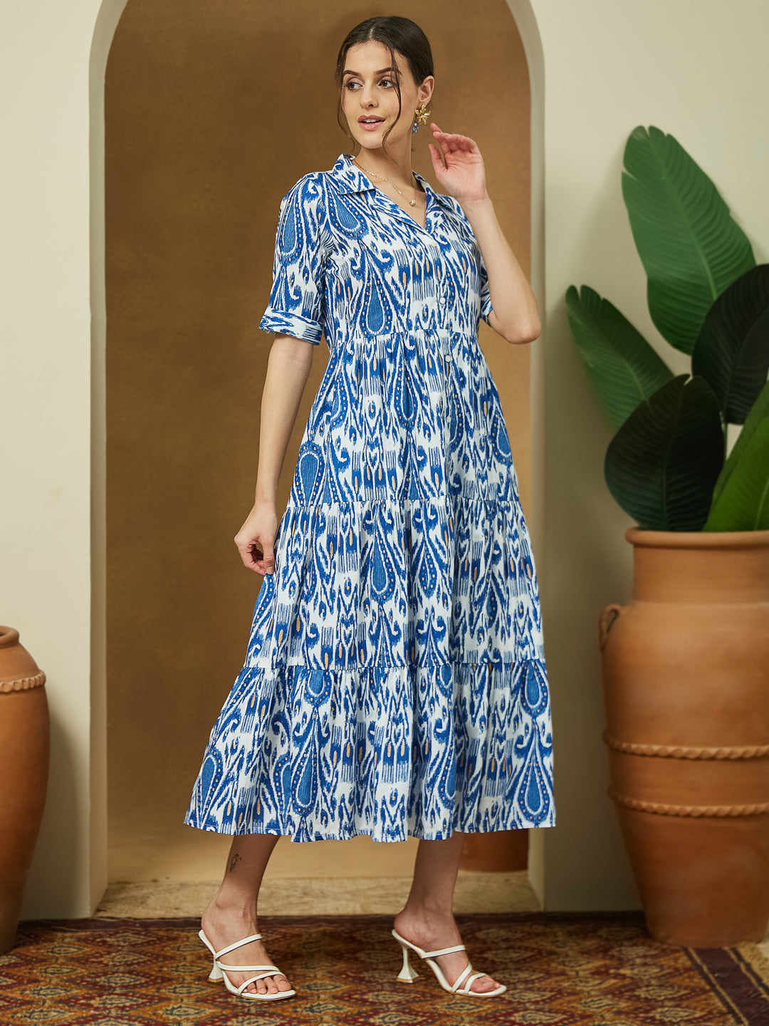 Janasya Bright Flex Ikkat Tiered Dress | Swadesiicart