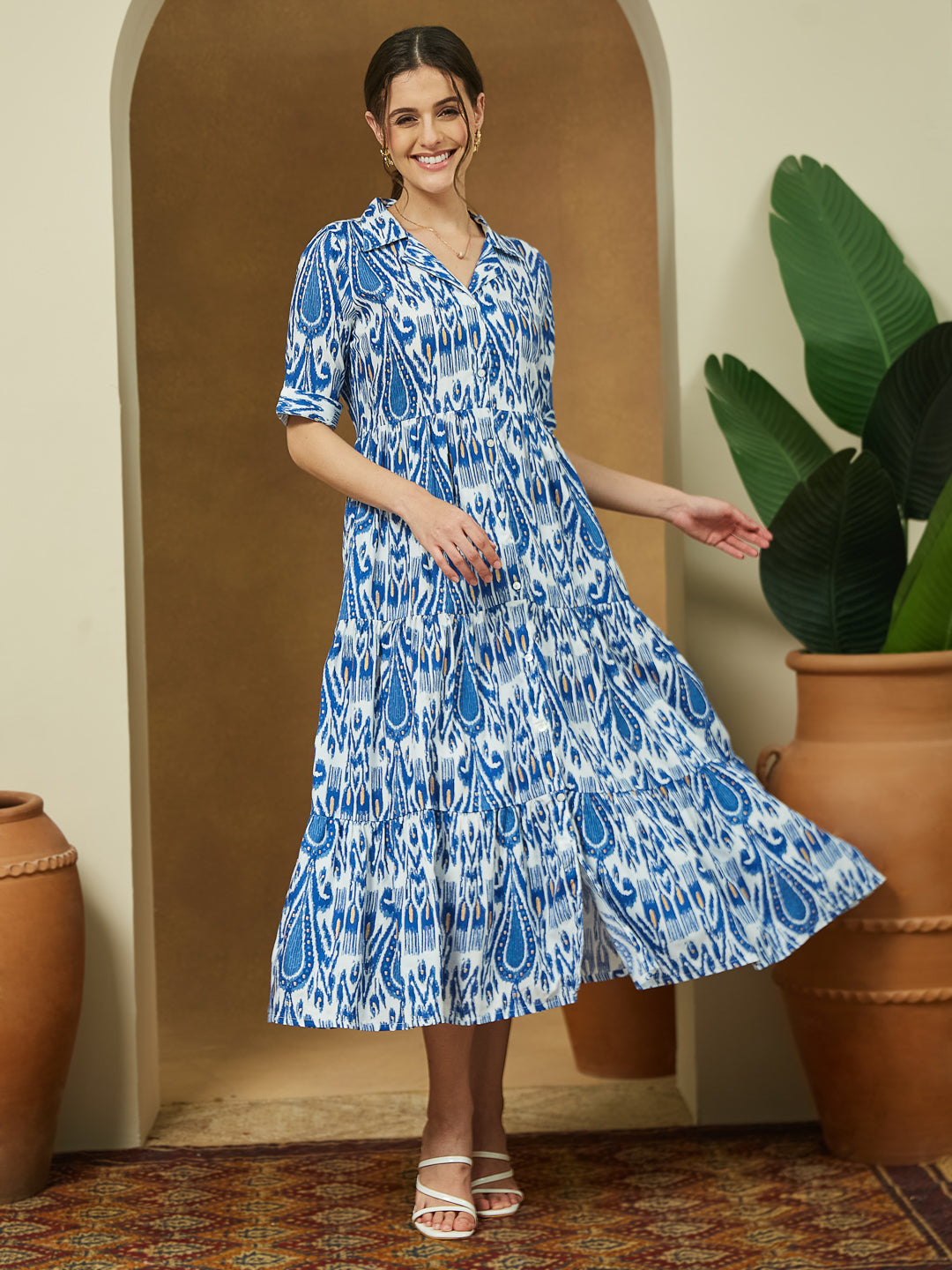 Janasya Bright Flex Ikkat Tiered Dress | Swadesiicart