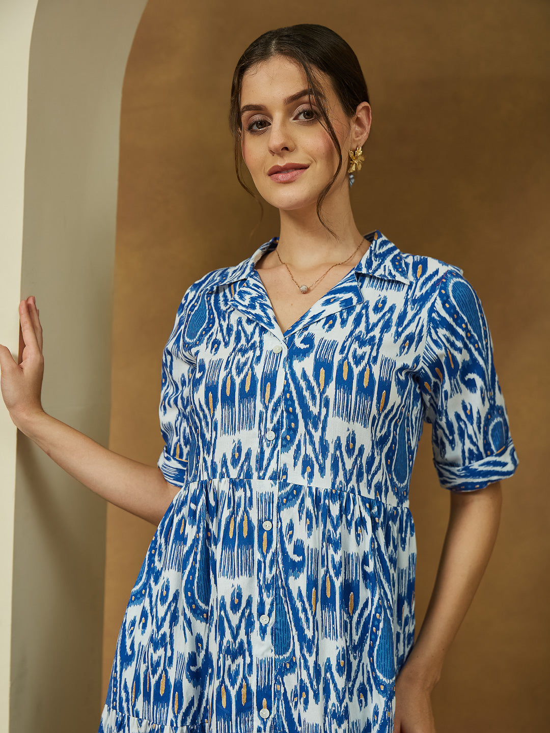 Janasya Bright Flex Ikkat Tiered Dress | Swadesiicart