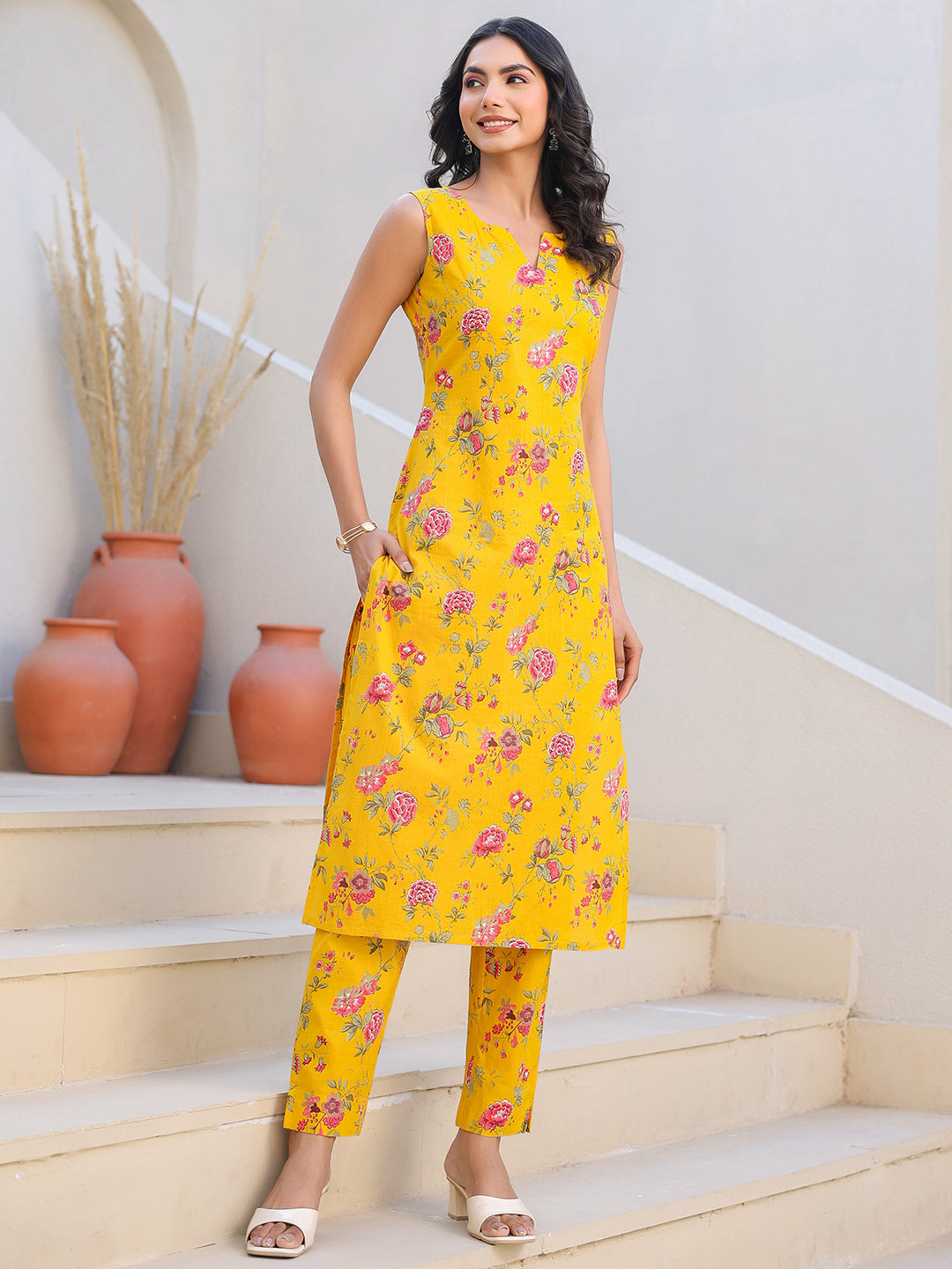 Janasya Bright Cotton Floral Straight Kurta Set | Swadesiicart