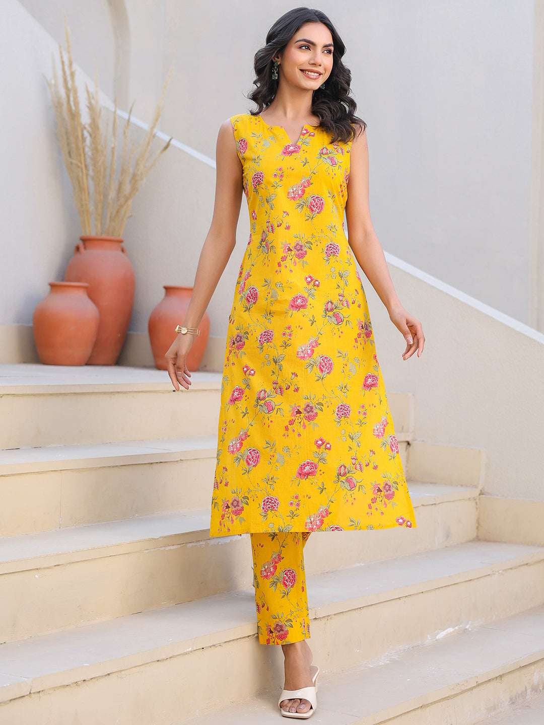 Janasya Bright Cotton Floral Straight Kurta Set | Swadesiicart