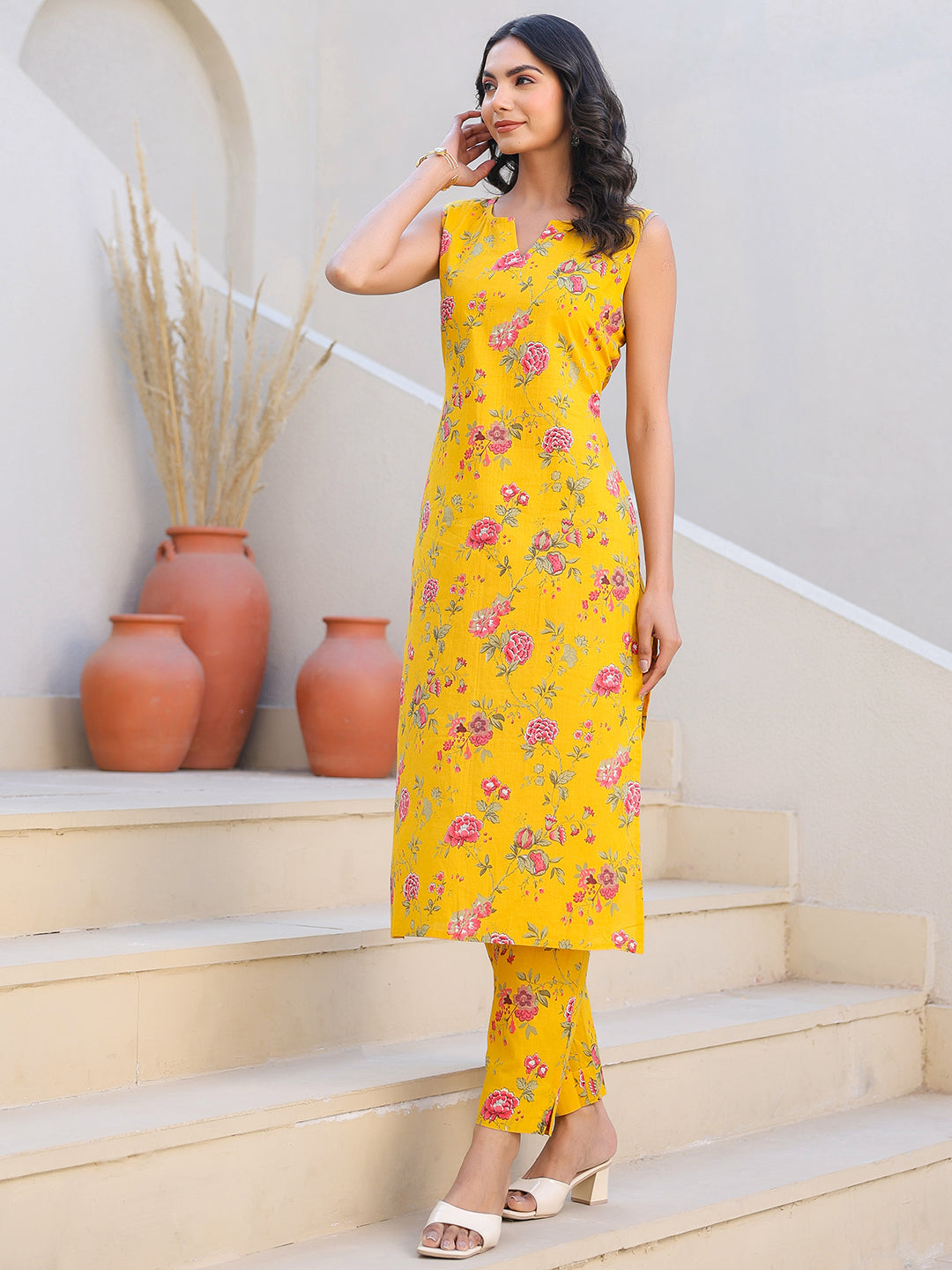 Janasya Bright Cotton Floral Straight Kurta Set | Swadesiicart