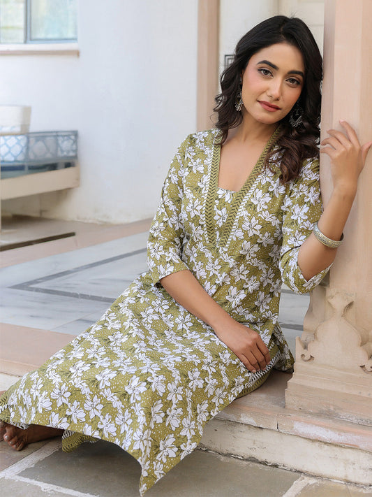 Janasya Dark Cotton Floral Straight Kurta Set | Swadesiicart