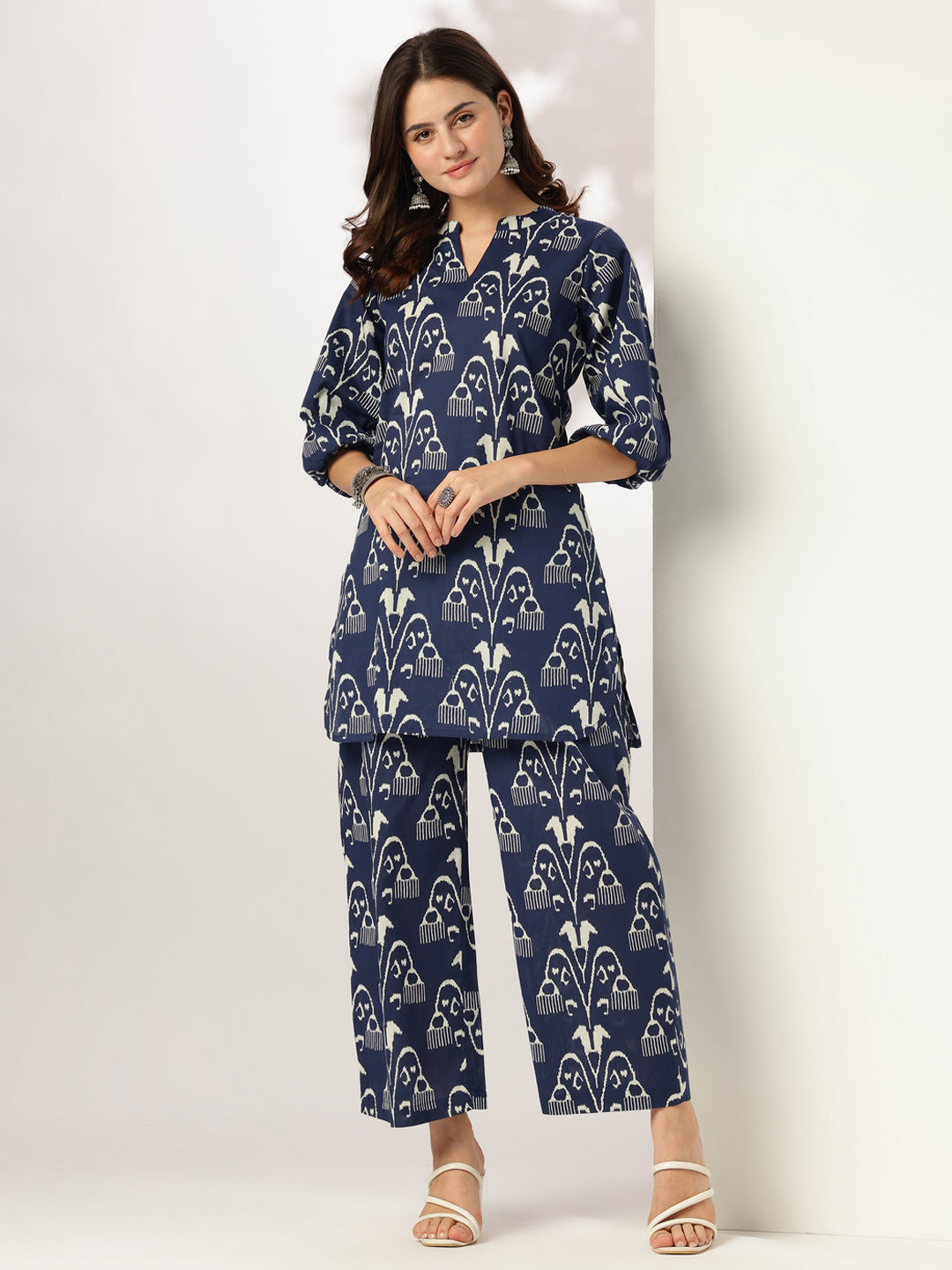 Janasya Dark Cotton Ikkat Straight Top & Bottom Set | Swadesiicart