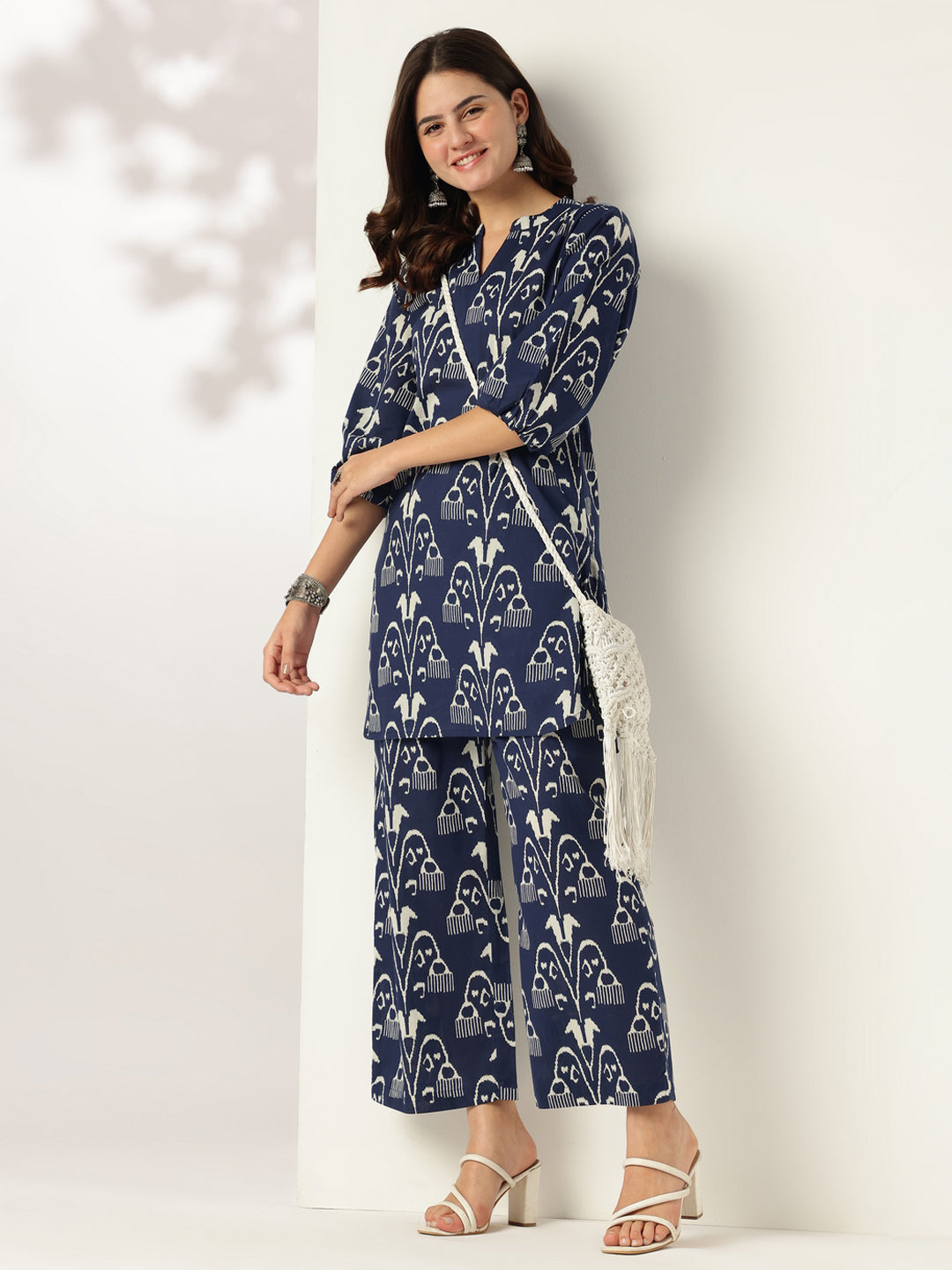 Janasya Dark Cotton Ikkat Straight Top & Bottom Set | Swadesiicart