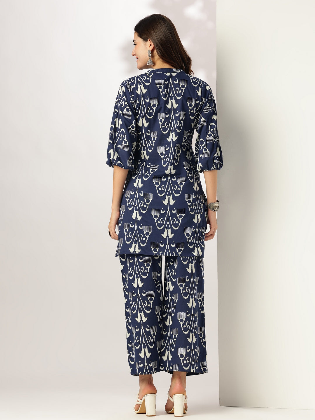 Janasya Dark Cotton Ikkat Straight Top & Bottom Set | Swadesiicart
