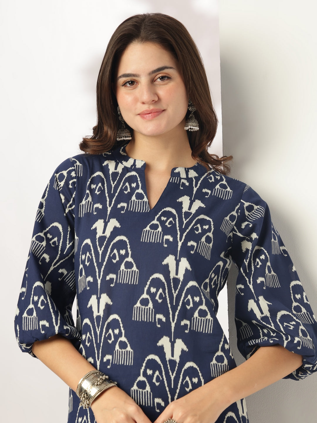 Janasya Dark Cotton Ikkat Straight Top & Bottom Set | Swadesiicart