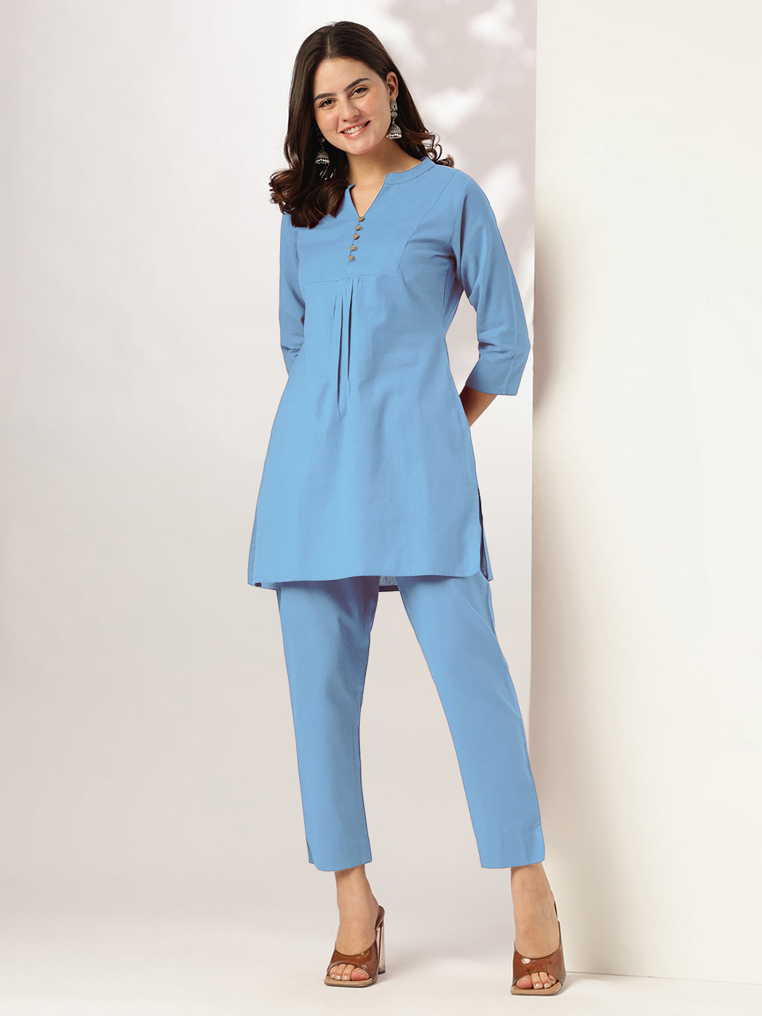 Janasya Light Cotton Solid A-Line Top & Bottom Set | Swadesiicart
