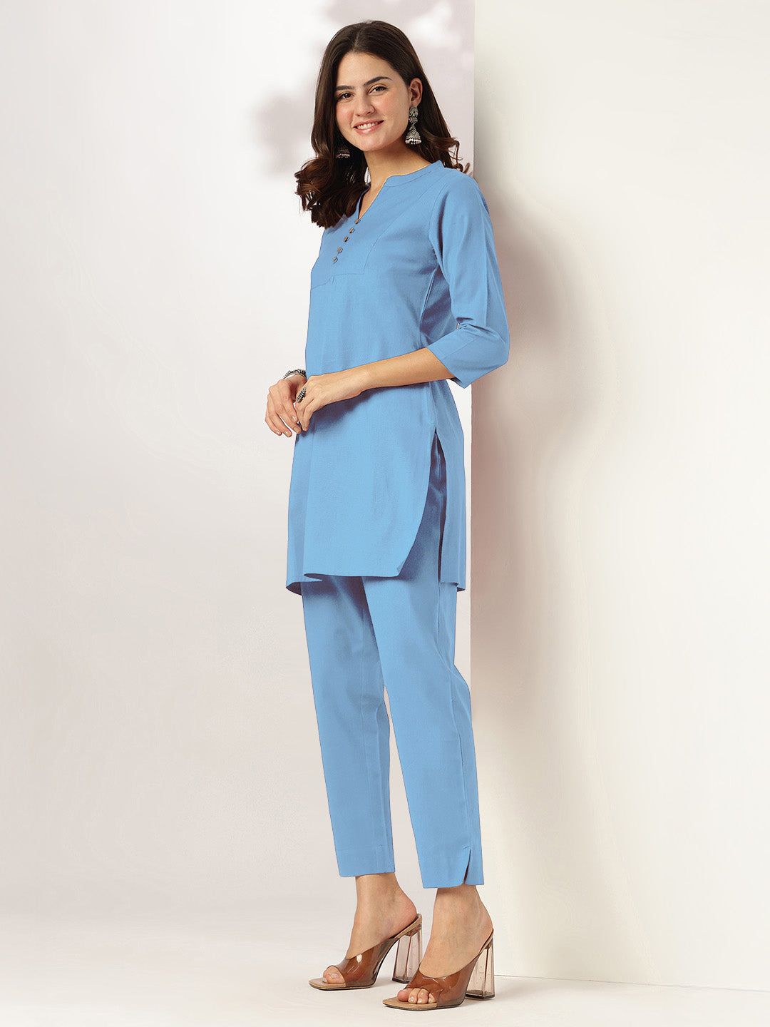 Janasya Light Cotton Solid A-Line Top & Bottom Set | Swadesiicart