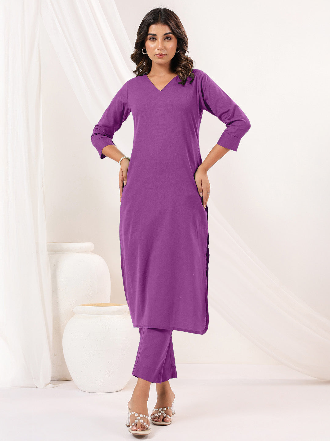 Janasya Light Cotton Solid Straight Kurta Set | Swadesiicart