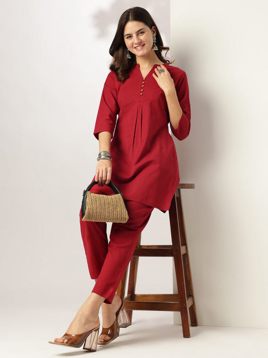 Janasya Dark Cotton Solid A-Line Top & Bottom Set | Swadesiicart