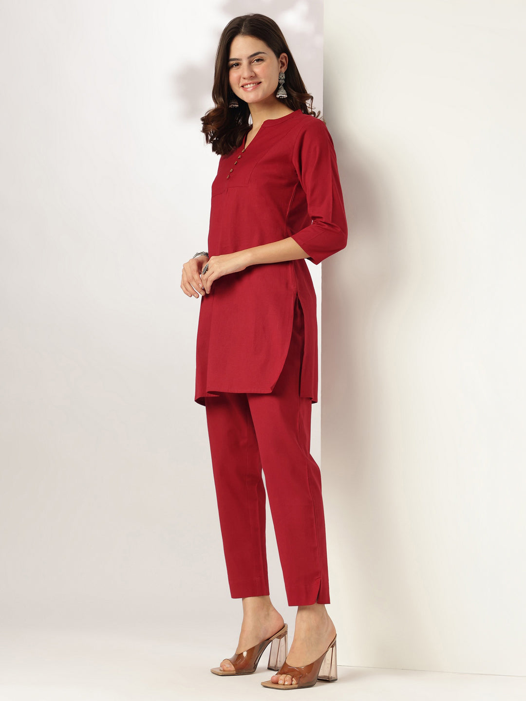 Janasya Dark Cotton Solid A-Line Top & Bottom Set | Swadesiicart