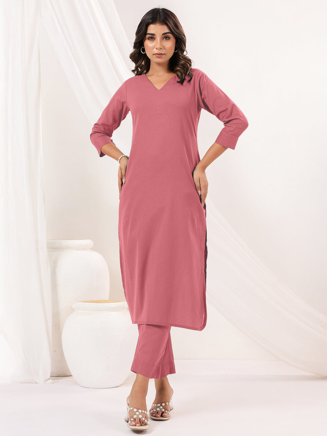 Janasya Light Cotton Solid Straight Kurta Set | Swadesiicart