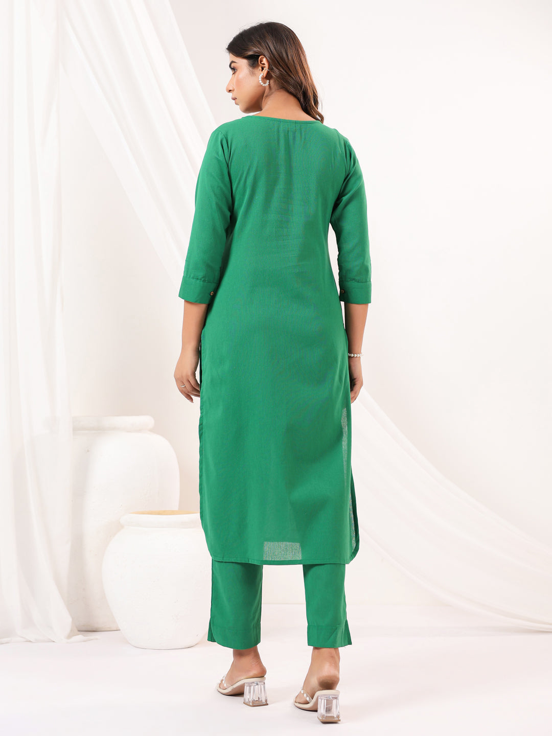Janasya Dark Cotton Solid Straight Kurta Set | Swadesiicart