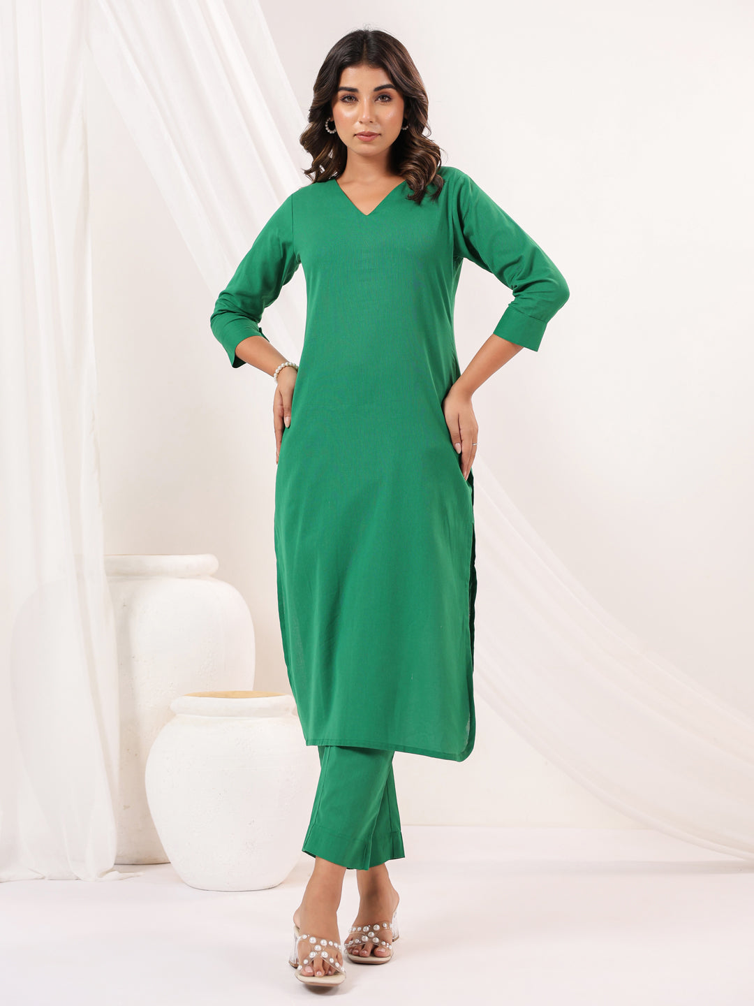 Janasya Dark Cotton Solid Straight Kurta Set | Swadesiicart