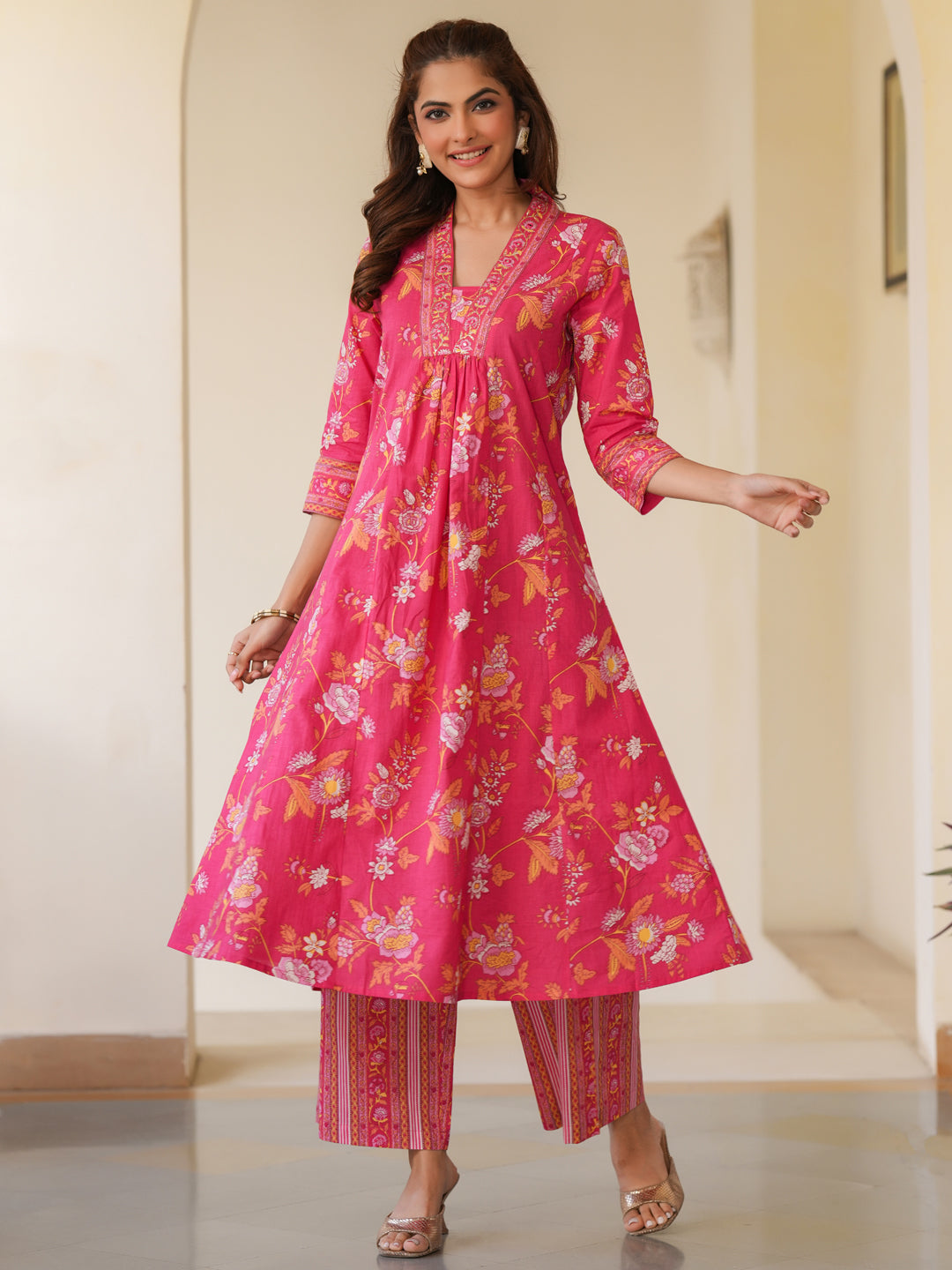 Janasya Bright Cotton Floral A-Line Kurta Set | Swadesiicart