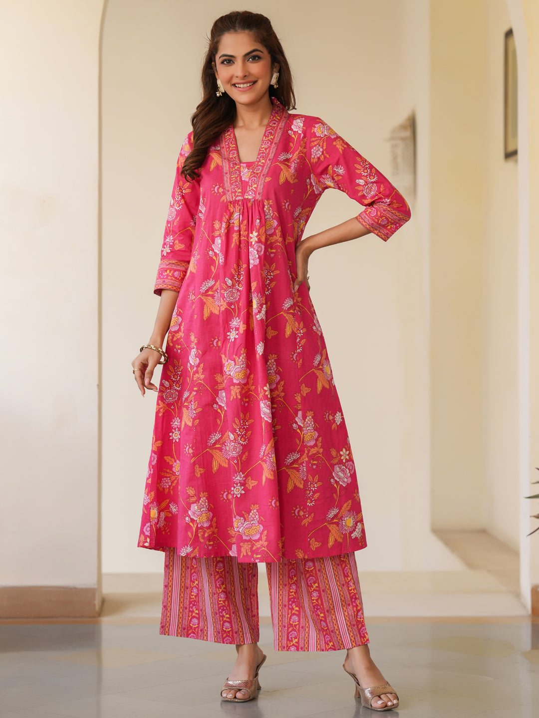Janasya Bright Cotton Floral A-Line Kurta Set | Swadesiicart