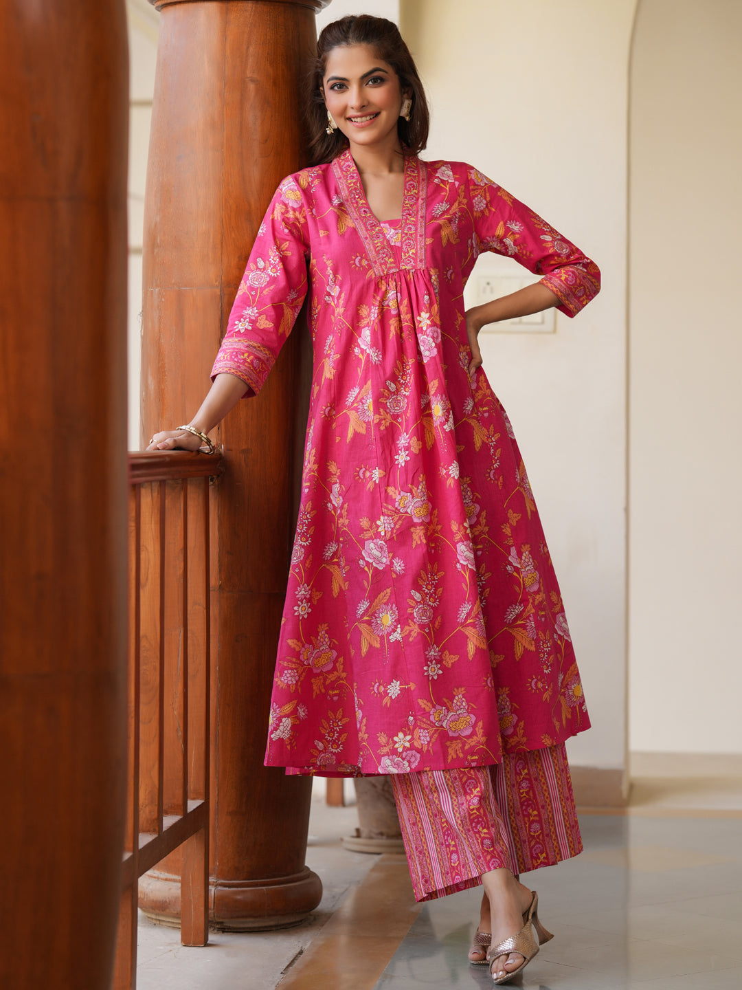 Janasya Bright Cotton Floral A-Line Kurta Set | Swadesiicart