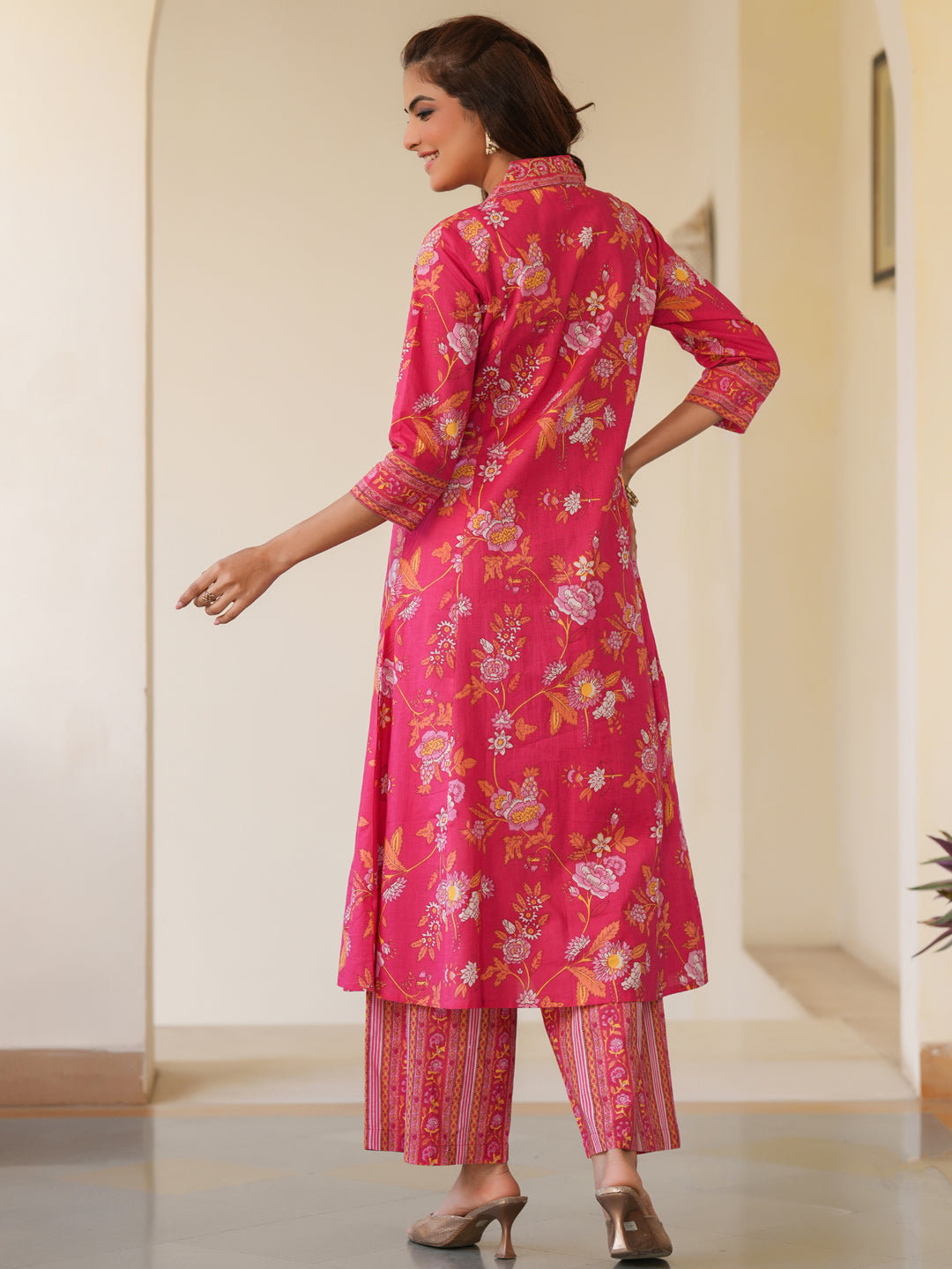 Janasya Bright Cotton Floral A-Line Kurta Set | Swadesiicart