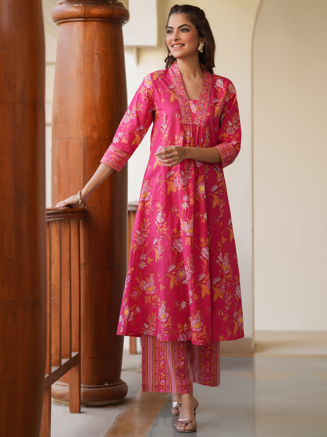 Janasya Bright Cotton Floral A-Line Kurta Set | Swadesiicart