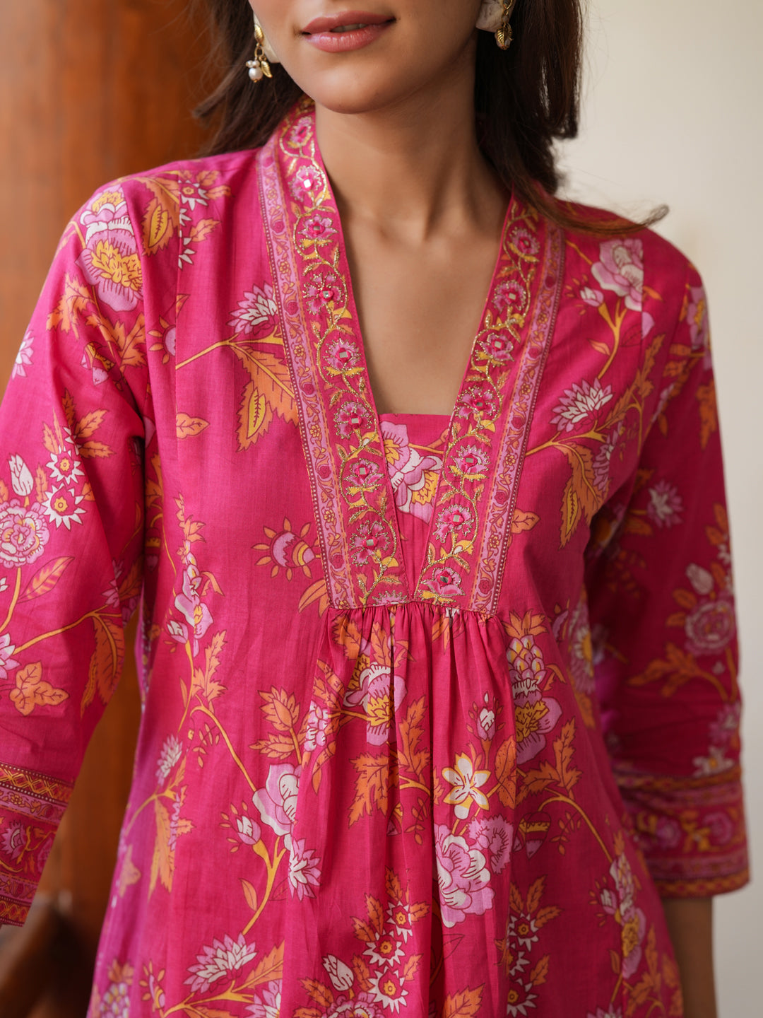 Janasya Bright Cotton Floral A-Line Kurta Set | Swadesiicart