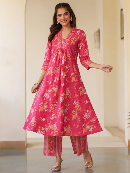 Janasya Bright Cotton Floral A-Line Kurta Set | Swadesiicart