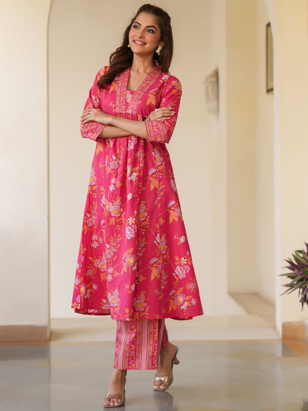 Janasya Bright Cotton Floral A-Line Kurta Set | Swadesiicart