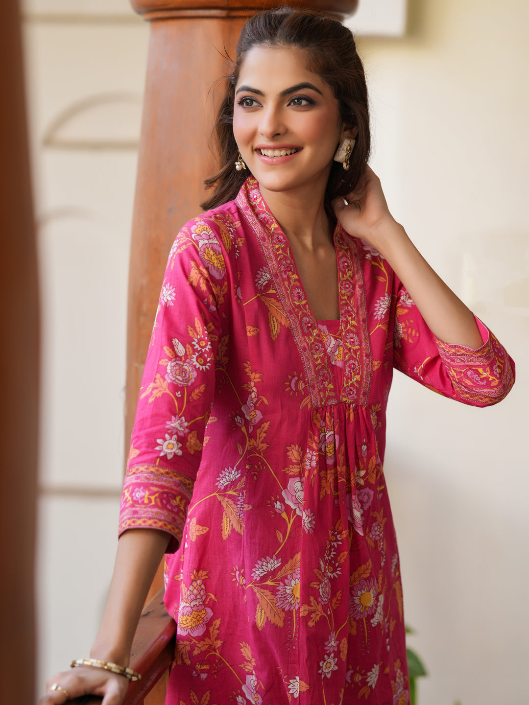 Janasya Bright Cotton Floral A-Line Kurta Set | Swadesiicart