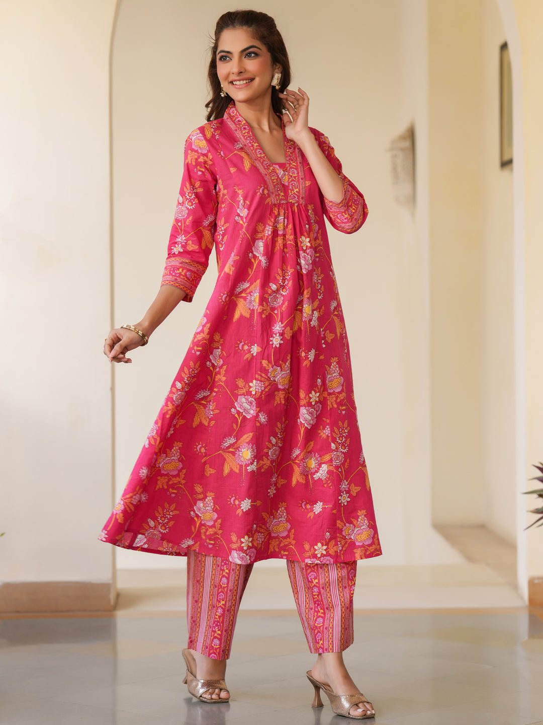 Janasya Bright Cotton Floral A-Line Kurta Set | Swadesiicart