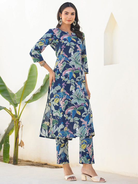 Janasya Dark Cotton Floral Straight Kurta Set | Swadesiicart