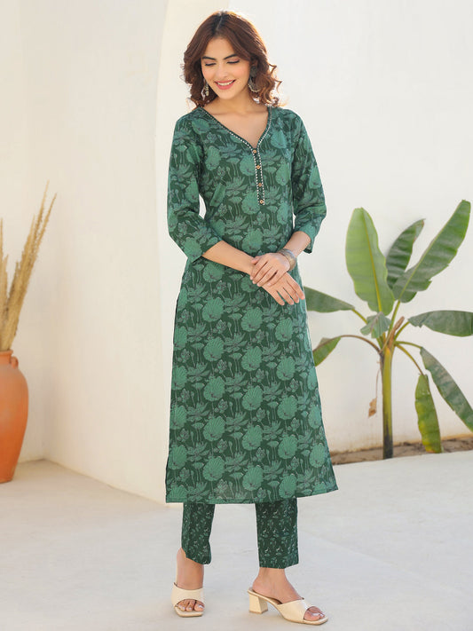 Janasya Dark Cotton Floral Straight Kurta Set | Swadesiicart