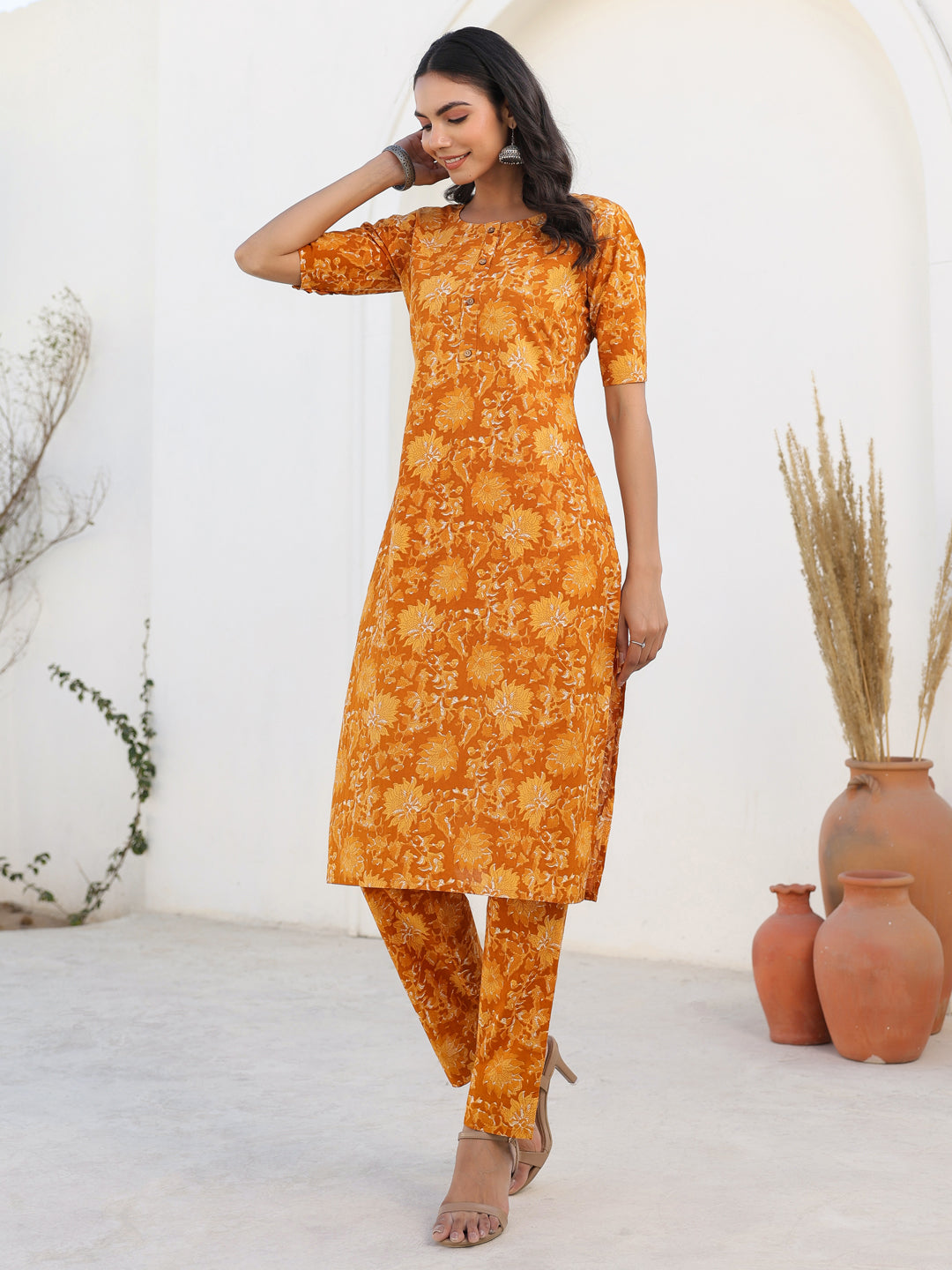 Janasya Bright Cotton Floral Straight Kurta Set | Swadesiicart