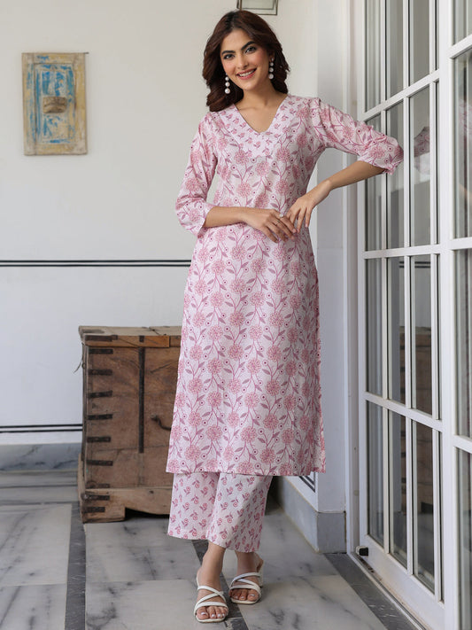 Janasya Light Cotton Floral Straight Kurta Set | Swadesiicart