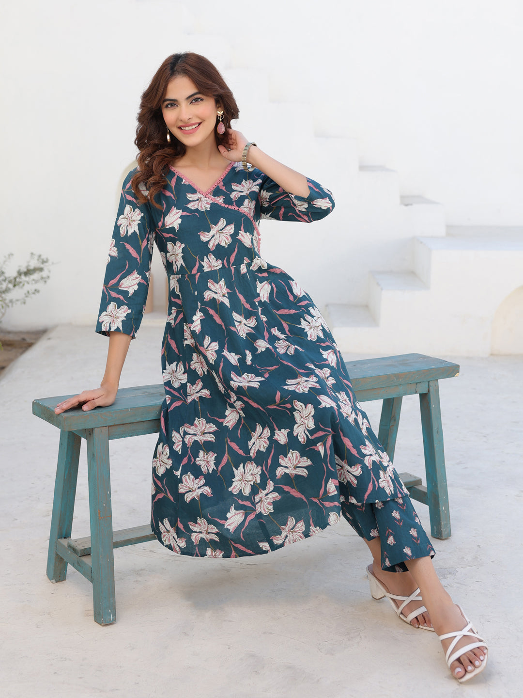 Janasya Dark Cotton Floral A-Line Kurta Set | Swadesiicart
