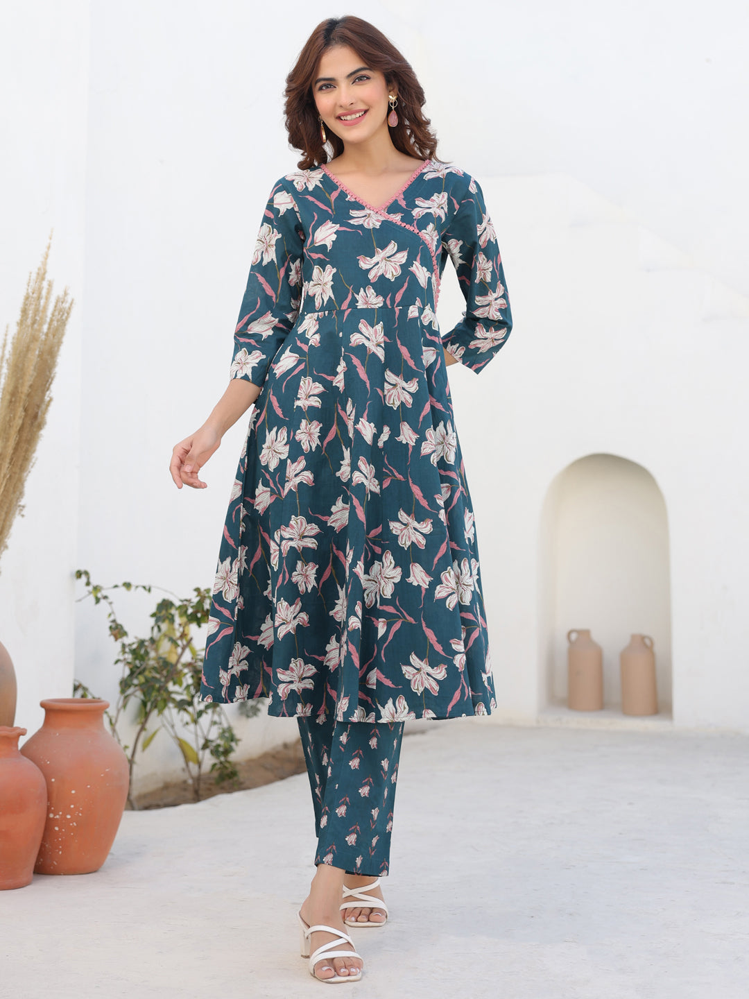 Janasya Dark Cotton Floral A-Line Kurta Set | Swadesiicart