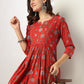 Janasya Dark Cotton Floral A-Line Kurta Set | Swadesiicart