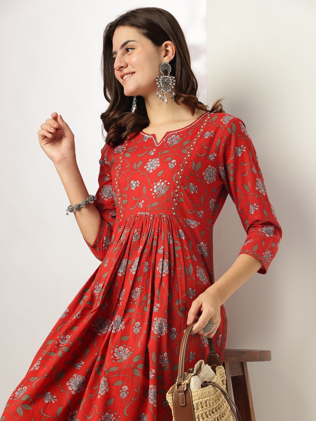 Janasya Dark Cotton Floral A-Line Kurta Set | Swadesiicart