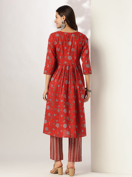 Janasya Dark Cotton Floral A-Line Kurta Set | Swadesiicart