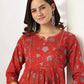 Janasya Dark Cotton Floral A-Line Kurta Set | Swadesiicart